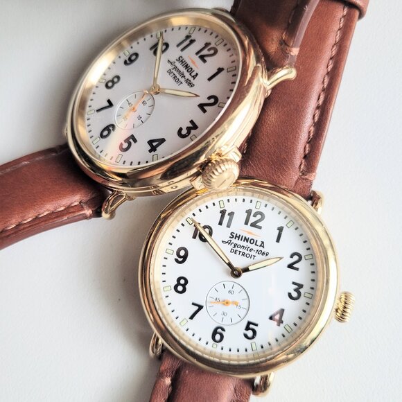His Hers Watches 2 Runwell Gold 47mm 41mm Argonite 1069 Brown Leather Set New - Picture 1 of 16